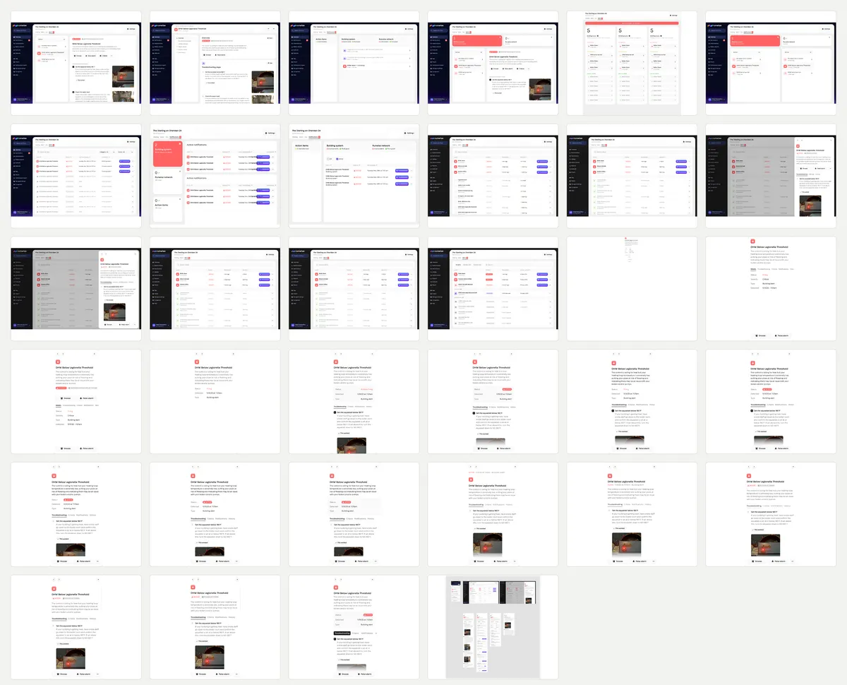 A contact sheet of thirty-four Figma frames: split panels, category cards, coloured summary tiles, several tables, a full-page alert view, and a long run of near-identical side sheets.