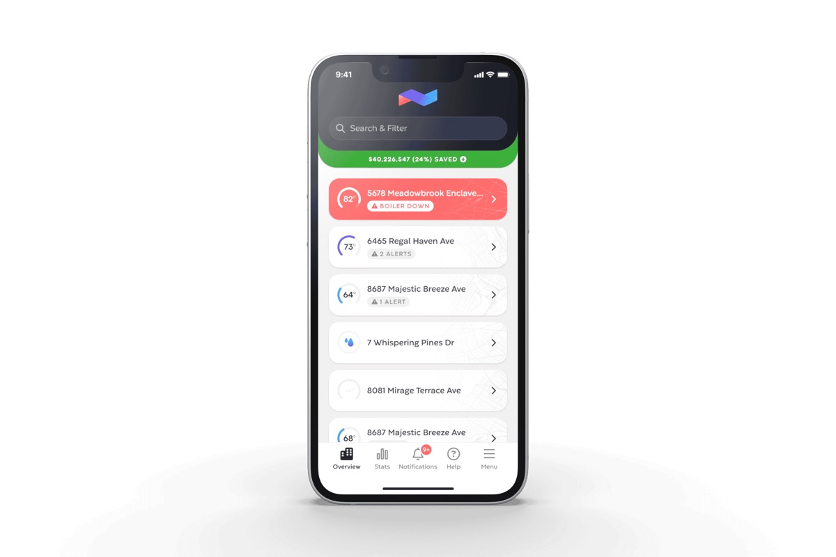 The rebuilt overview on a phone: a search and filter bar, a green banner reading $40,226,547 saved, then a list of buildings — the first one red and flagged boiler down at 82 degrees, the rest showing an indoor temperature and how many alerts are open.