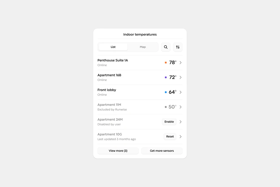 Runwise — indoor temperatures list, each sensor reading beside the reason it is missing