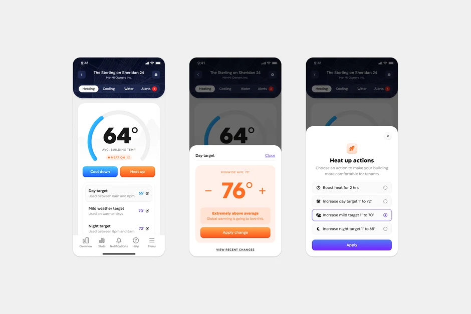 Runwise — building temperature card, from the heating screen to the day target editor to the heat up actions sheet