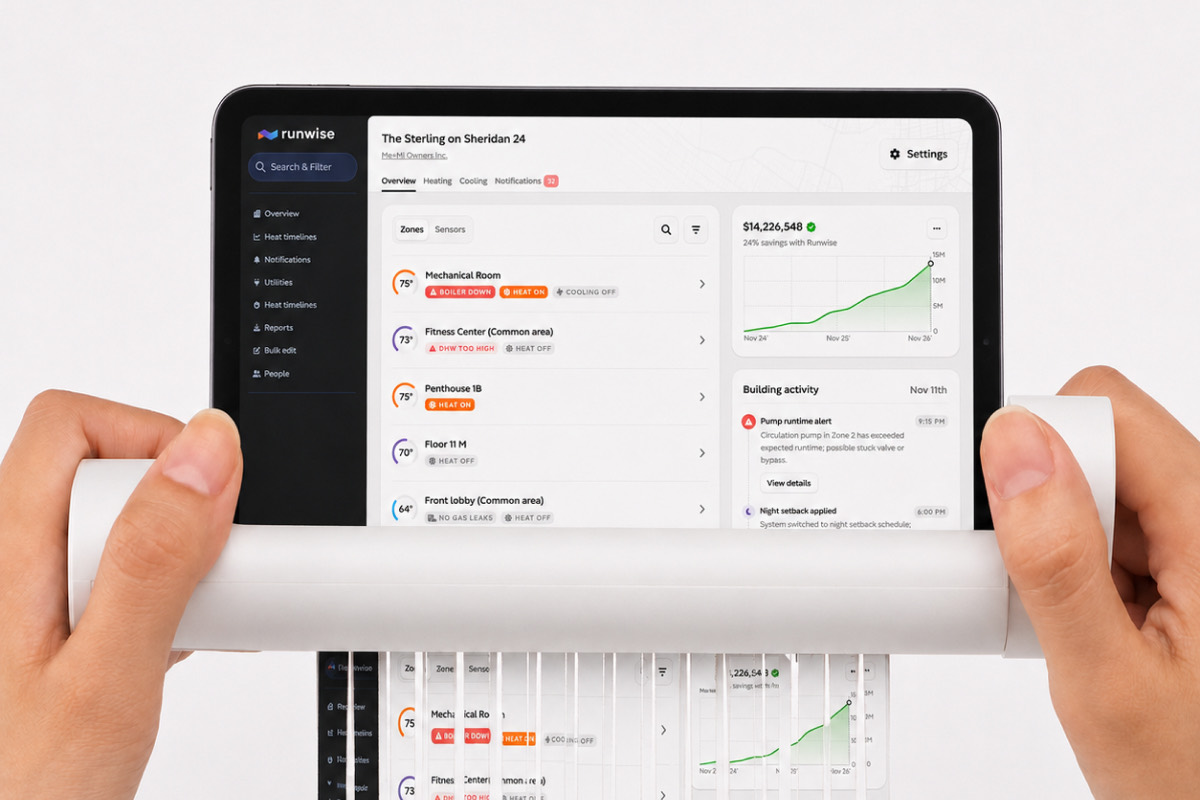 Two hands feeding a tablet into a paper shredder. On its screen is the multi-zone concept: a zone list for one building, each zone showing its temperature and whether heat is on, next to a savings chart and a building activity feed. The same screen comes out the bottom in strips.