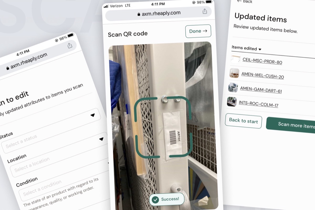 Three mobile screens: a form for choosing furniture attributes, a barcode scanner aimed at a tagged item, and a list of updated items.