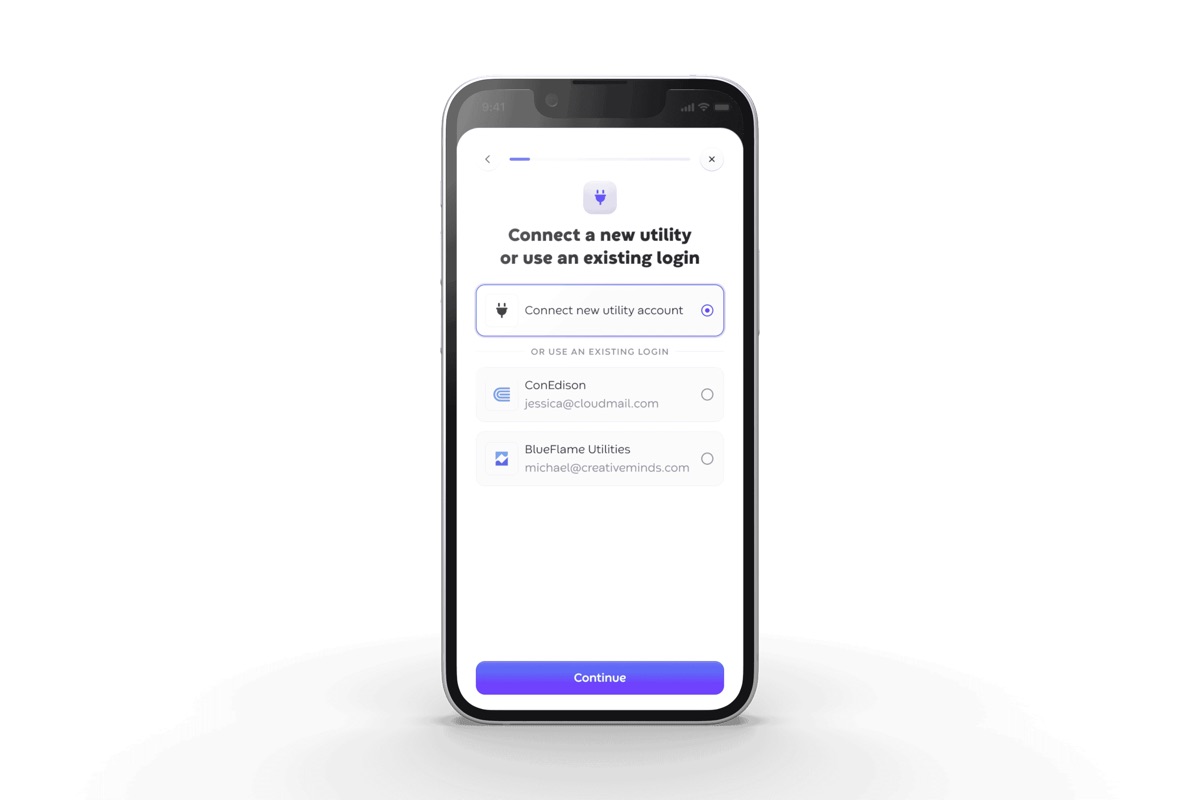 A step in the utility flow on a phone, headed connect a new utility or use an existing login. A selected option to connect a new utility account sits above two saved logins, ConEdison and BlueFlame Utilities, each listed with the email address it belongs to.